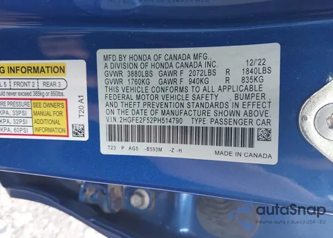 2023 Honda Civic Sport from USA, damaged, VIN 2HGFE2F52PH514790